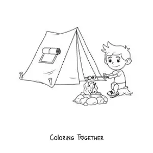 Coloring page of a boy roasting marshmallows next to a tent