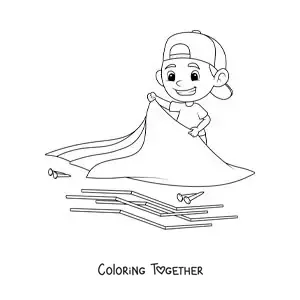 Coloring page of a boy pitching a tent