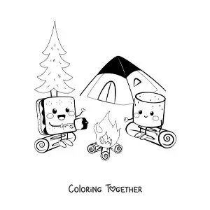 Coloring page of two kawaii cartoon marshmallows at a campsite