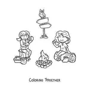 Coloring page of two girls eating marshmallows by a campfire