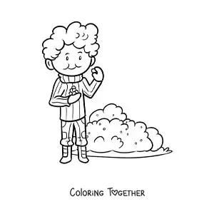 Coloring page of a boy picking berries from a bush on a hike