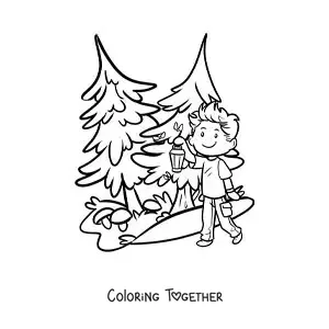 Coloring page of a boy with a flashlight in the forest on a hike