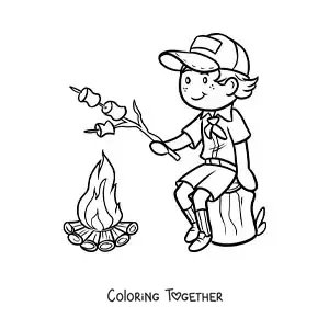 Coloring page of a boy explorer roasting marshmallows over a campfire
