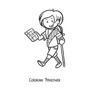 Coloring page of a girl explorer walking with a map on a hike