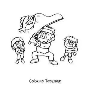 Coloring page of a father and his children catching a fish