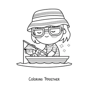 Coloring page of a girl fishing with her dog in a boat