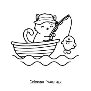 Coloring page of a cartoon cat catching a fish in a boat
