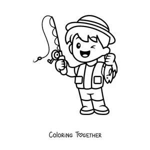 Coloring page of a cute cartoon fisher boy
