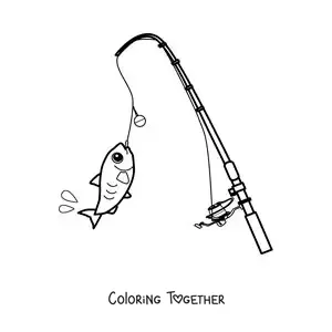 Coloring page of a fishing rod with a cartoon fish