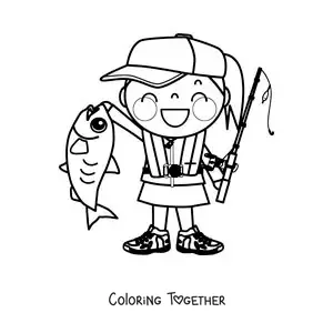 Coloring page of a girl fisher with a fish