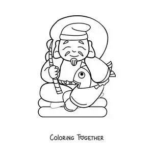 Coloring page of an old Japanese fisherman