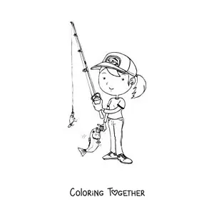 Coloring page of a cartoon girl catching a fish with a rod