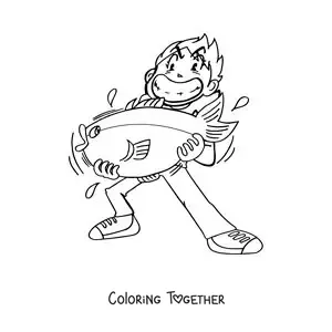 Coloring page of a cartoon of a fisherman who caught a fish