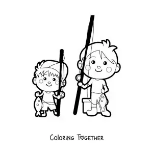 Coloring page of a cute fisher dad fishing with his son