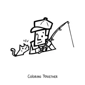Coloring page of a cartoon of a fisherman with his cat