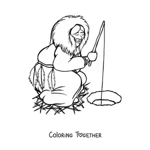 Coloring page of an Inuit woman fishing