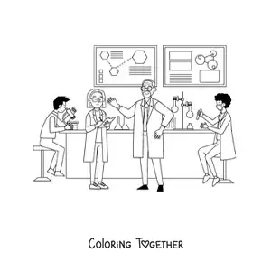 Coloring page of several scientists in a laboratory