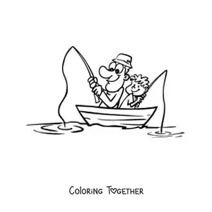 Coloring page of a cartoon of a fisherman with his son in a boat