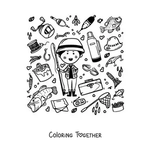 Coloring page of a cartoon fisherman with fishing gear