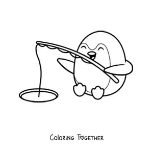 Coloring page of a cartoon penguin fishing