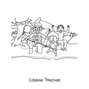 Coloring page of a cartoon family fishing in a river