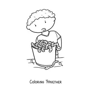 Coloring page of a boy next to a bucket of fishing bait