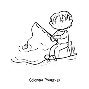 Coloring page of a boy fishing with a rod in a lake