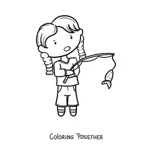 Coloring page of a girl catching a fish with a rod