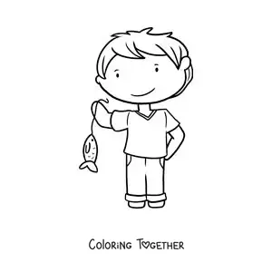 Coloring page of a boy with a fish he caught