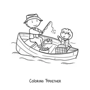 Coloring page of a father and his son fishing in a boat