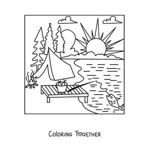 Coloring page of a fishing rod at a campsite