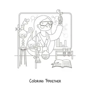 Coloring page of a woman scientist doing experiments
