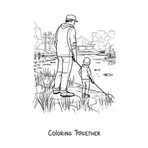 Coloring page of a father and his son fishing in a lake in realistic style