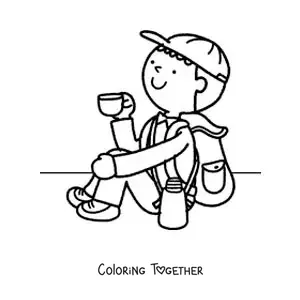 Coloring page of a hiker with his backpack drinking coffee