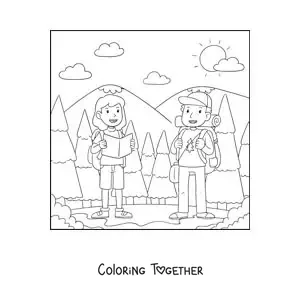 Coloring page of a couple of hikers on a mountain walk