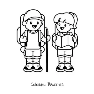 Coloring page of a cute couple of hikers with backpacks