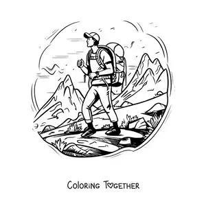 Coloring page of a hiker boy on the mountain
