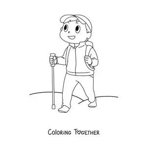 Coloring page of a young hiker
