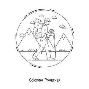 Coloring page of a hiker trekking with a backpack