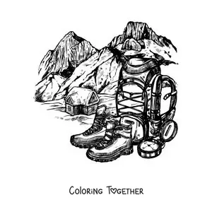 Coloring page of a backpack and a pair of climbing boots