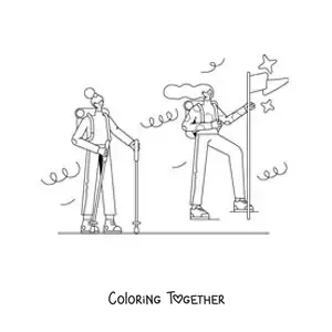 Coloring page of two girls trekking