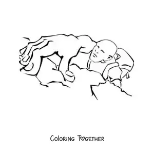 Coloring page of a hiker climbing to the summit