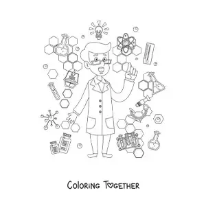 Coloring page of a cartoon scientist surrounded by scientific instruments