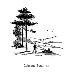 Coloring page of the silhouette of a hiker in the mountains