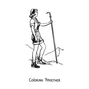 Coloring page of a hiker girl on a walk