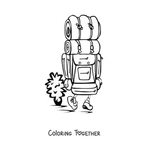 Coloring page of a hiker walking with a camping backpack