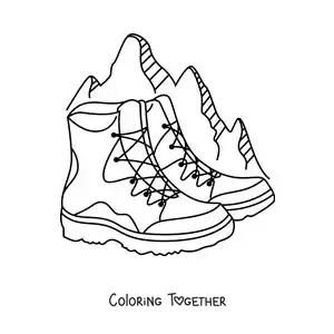 Coloring page of a pair of climbing boots in the mountains