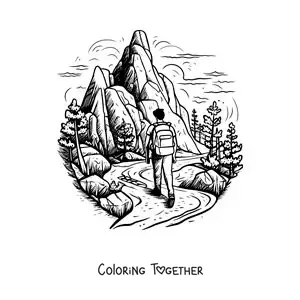 Coloring page of a hiker walking through the mountains