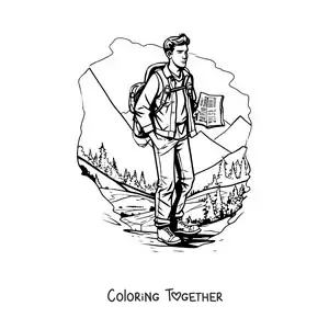 Coloring page of a boy on a hike among the mountains in realistic style