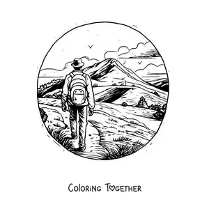 Coloring page of an adventure hiker in the mountains